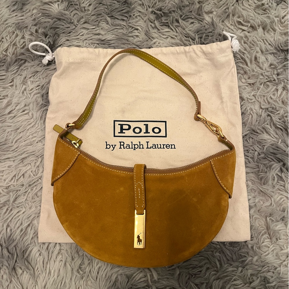 Polo by Ralph Lauren Mustard Suede Crescent Shoulder Bag with Gold Hardware